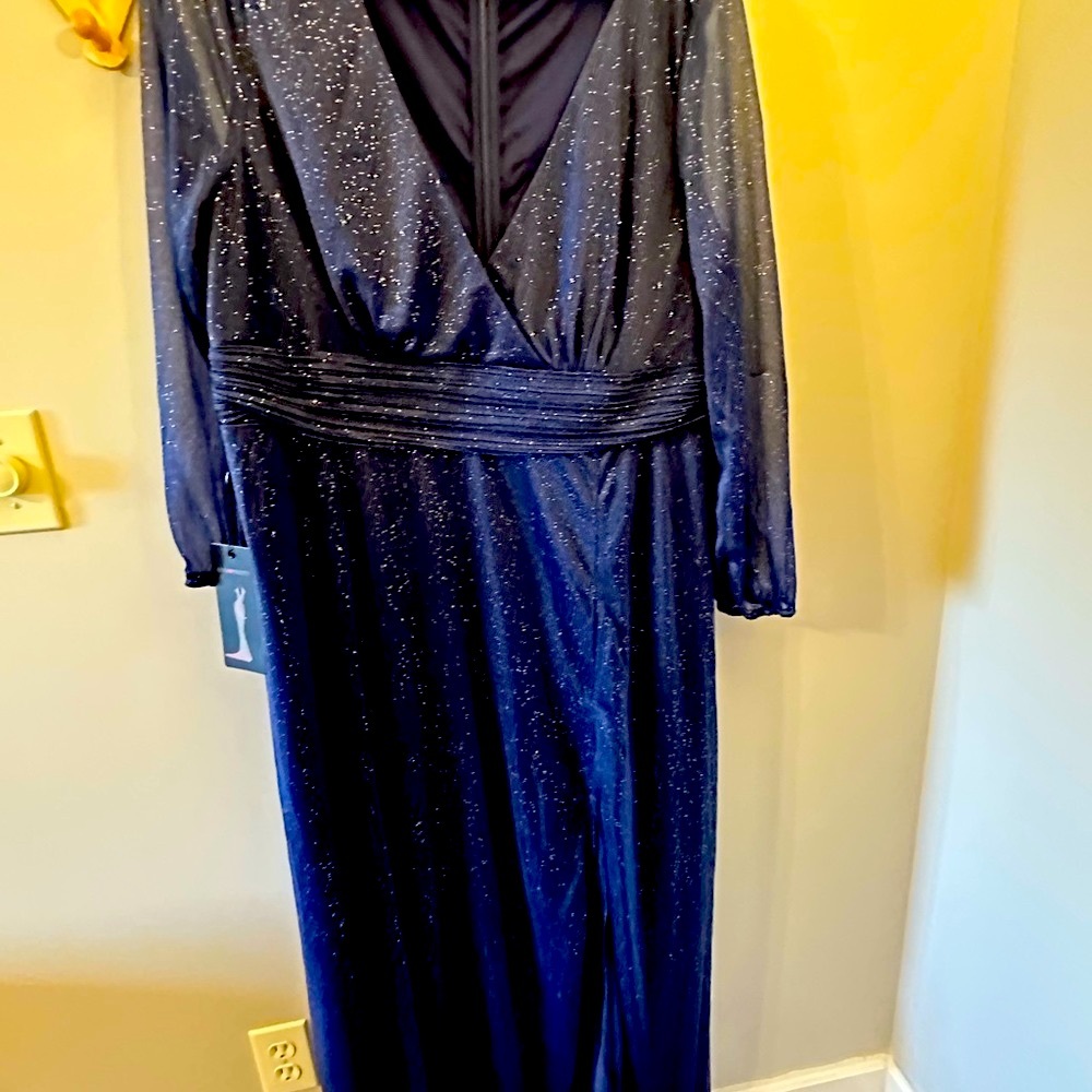 Special occasion dress, NWT, beautiful navy blue, sparkly. Sheer sleeves, 22w